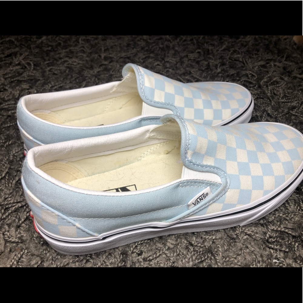 Brand new classic Vans (never worn) in light blue men’s size 6.5/women’s size 8